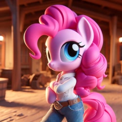 Size: 1024x1024 | Tagged: safe, imported from derpibooru, pinkie pie, earth pony, ai content, ai generated, clothes, cowgirl outfit, female, prompter:pinkiepiepics, solo