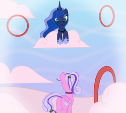 Size: 2000x1800 | Tagged: safe, artist:xnaturalblue, imported from derpibooru, hoops, princess luna, oc, oc:marshmallow creme, pegasus, cloud, cotton candy, cotton candy cloud, cute, dream, dream walker luna, food, jewelry, looking at each other, looking at someone, looking down, looking up, necklace, pegasus oc, pink coat, purple mane, rear view, sky, wings