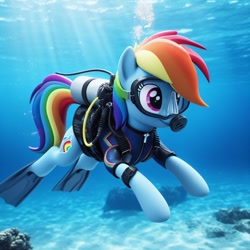 Size: 1024x1024 | Tagged: safe, imported from derpibooru, rainbow dash, pegasus, ai content, ai generated, dive mask, flippers (gear), generator:bing image creator, goggles, scuba diver, scuba diving, scuba gear, swimming, underwater, water, wetsuit