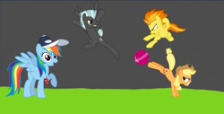 Size: 1080x547 | Tagged: safe, edit, imported from derpibooru, applejack, rainbow dash, spitfire, thunderlane, earth pony, pegasus, pony, comic:sports up, ball, female, kicking, male, mare, referee rainbow dash, stallion