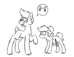 Size: 900x700 | Tagged: safe, artist:fuckomcfuck, imported from derpibooru, oc, oc:doodles, unnamed oc, earth pony, pegasus, pony, blushing, cat ears, glasses, height difference, monochrome, speech bubble