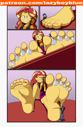 Size: 1280x1969 | Tagged: safe, artist:lazyboyblue, imported from derpibooru, flash sentry, sunset shimmer, human, equestria girls, barefoot, feet, female, fetish, foot fetish, giantess, grin, macro, macro/micro, male, one eye closed, pedicure, size difference, smaller male, smiling, soles, tickling