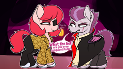 Size: 3840x2160 | Tagged: safe, artist:alexsc112, imported from derpibooru, oc, oc:magenstar, oc:violethex, bat pony, earth pony, pony, clothes, costume, goro majima, halloween, halloween costume, holiday, yakuza