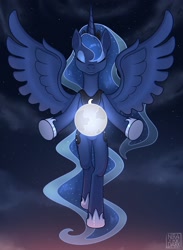 Size: 1577x2160 | Tagged: safe, artist:nira the dark, imported from derpibooru, princess luna, alicorn, pony, ethereal mane, feathered wings, female, floating, galaxy mane, galaxy tail, horn, moon, night, peytral, solo, spread wings, tangible heavenly object, unicorn horn, wings