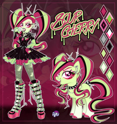 Size: 1280x1356 | Tagged: safe, artist:emperor-anri, imported from derpibooru, oc, oc only, oc:sour cherry, earth pony, human, pony, equestria girls, belt, black lipstick, boots, chains, choker, clothes, color palette, colored eyelashes, colored hooves, dress, ear piercing, earth pony oc, epaulettes, eyeshadow, fangs, female, fingerless gloves, fishnet pantyhose, gem, gloves, gradient legs, hand on hip, hoof polish, lipstick, looking at you, magenta background, magenta eyes, magical lesbian spawn, makeup, mare, microphone, mismatched gloves, nails, nose piercing, nose ring, offspring, open mouth, parent:aria blaze, parent:sunset shimmer, parents:sunaria, piercing, pigtails, punk, reference sheet, ripped stockings, self paradox, self ponidox, shoes, siren gem, smiling, socks, sparkles, spiked belt, spiked choker, standing, stockings, text, thigh highs, tongue piercing, torn clothes