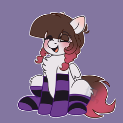 Size: 1048x1048 | Tagged: safe, imported from derpibooru, oc, oc only, oc:arwencuack, pegasus, blushing, chest fluff, clothes, ear blush, one eye closed, purple background, simple background, socks, solo, striped socks