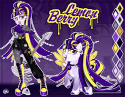 Size: 1280x996 | Tagged: safe, artist:emperor-anri, imported from derpibooru, oc, oc only, oc:lemon berry, human, pegasus, pony, equestria girls, belt, body freckles, boots, chains, clothes, coat markings, color palette, colored hooves, colored wings, colored wingtips, ear piercing, earring, eyeshadow, fangs, female, fishnet pantyhose, freckles, gem, golden eyes, gradient legs, guitar, hand on hip, high ponytail, hoof polish, jewelry, leg freckles, lipstick, long hair, long mane, long tail, magical lesbian spawn, makeup, mare, mismatched shoes, musical instrument, nail polish, offspring, open mouth, pale belly, pants, parent:adagio dazzle, parent:trixie, parents:triagio, pegasus oc, piercing, pin, ponytail, punk, purple background, purple lipstick, raised hoof, reference sheet, ripped pants, self paradox, self ponidox, shoes, simple background, siren gem, skull, smiling, socks (coat markings), sparkles, spread wings, standing, tail, torn clothes, wings, yellow eyes