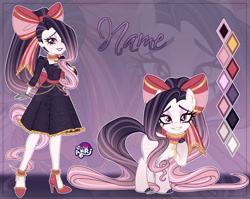 Size: 1280x1021 | Tagged: safe, artist:emperor-anri, imported from derpibooru, oc, oc only, unnamed oc, earth pony, human, pony, equestria girls, adoptable, bow, chains, clothes, collar, color palette, colored hooves, dress, eyeshadow, gloves, gradient hair, gradient legs, gradient mane, gradient tail, hair bow, hand on chest, high heels, hoof polish, lavender background, lidded eyes, lipstick, long hair, long mane, long tail, looking at you, makeup, pink eyes, ponytail, purple lipstick, raised hoof, shoes, simple background, standing, tail