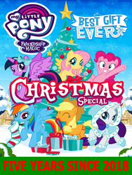 Size: 1074x1428 | Tagged: safe, edit, imported from derpibooru, applejack, fluttershy, pinkie pie, rainbow dash, rarity, twilight sparkle, best gift ever, 2018, christmas, christmas stocking, christmas tree, hearth's warming, holiday, mane six, poster, present, tree, wreath