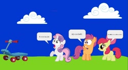 Size: 1076x596 | Tagged: safe, artist:hako33, edit, imported from derpibooru, apple bloom, scootaloo, sweetie belle, earth pony, pegasus, pony, unicorn, cutie mark crusaders, illegible, scared, scooter, unreadable text, wat