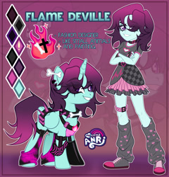 Size: 1280x1335 | Tagged: safe, artist:emperor-anri, imported from derpibooru, oc, oc:flame deville, alicorn, human, pony, equestria girls, alicorn oc, belt, choker, clothes, collar, collarbone, color palette, commission, crossed arms, ear piercing, earring, eye clipping through hair, eyeshadow, fingerless gloves, gloves, gradient hair, gradient mane, gradient tail, grin, horn, jewelry, leg warmers, looking at you, makeup, piercing, pink background, punk, purple eyes, self paradox, self ponidox, shirt, shoes, simple background, skirt, smiling, sneakers, spiked collar, standing, t-shirt, tail, wing brace, wings