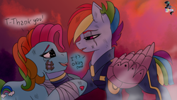 Size: 3840x2160 | Tagged: safe, artist:brainiac, imported from derpibooru, rainbow dash, rainbow dash (g3), earth pony, pegasus, alternate timeline, apocalypse dash, crystal war timeline, edgy, female, g3, generational ponidox, heart, injured, mare, mlp fim's thirteenth anniversary, rainbow