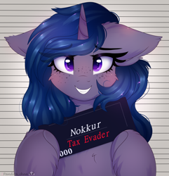 Size: 1446x1500 | Tagged: safe, artist:2pandita, imported from derpibooru, oc, oc only, pony, unicorn, bust, commission, female, mare, mugshot, portrait, solo, tax evasion, ych result