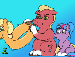 Size: 2570x1960 | Tagged: safe, artist:puffydearlysmith, imported from derpibooru, applejack, sprout cloverleaf, oc, unnamed oc, earth pony, pony, unicorn, belly button, chest fluff, chubby, female, filly, floppy ears, foal, freckles, g5, gradient background, inflating, male, pool toy, smiling, stallion, story included, unshorn fetlocks