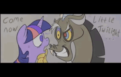 Size: 570x360 | Tagged: safe, artist:fluffyxai, imported from derpibooru, discord, twilight sparkle, alicorn, draconequus, pony, ..., animated, be careful what you wish for, blushing, comic dub, drool, embrace, female, gone horribly right, hypno eyes, lightbulb, male, mind control, oof, ship:discolight, shipping, sound, straight, sweat, twilight sparkle (alicorn), video, voice acting, webm, youtube link