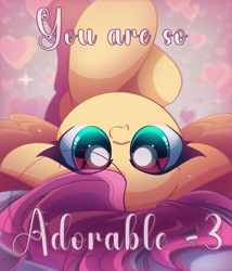 Size: 2400x2800 | Tagged: safe, artist:miryelis, imported from derpibooru, fluttershy, pegasus, pony, big eyes, cute, female, heart, long hair, mare, shyabetes, smiling, solo, text, upside down