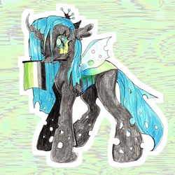 Size: 1280x1280 | Tagged: safe, artist:larvaecandy, imported from derpibooru, queen chrysalis, changeling, changeling queen, pony, aromantic, aromantic pride flag, female, pride, pride flag, solo, traditional art