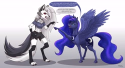 Size: 5500x3000 | Tagged: safe, artist:tauts05, imported from derpibooru, princess luna, alicorn, anthro, hellhound, pony, wolf, argument, furry, helluva boss, looking at each other, looking at someone, loona (helluva boss), namesake, pointing, pun, spanish, visual pun