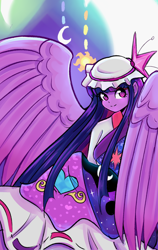 Size: 1900x3000 | Tagged: safe, artist:marubup, imported from derpibooru, twilight sparkle, alicorn, human, original species, youkai, crossover, female, folded wings, humanized, solo, touhou, transformation, twilight sparkle (alicorn), winged humanization, wings