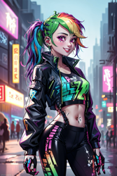 Size: 1024x1536 | Tagged: safe, editor:sammykun, imported from derpibooru, rainbow dash, human, equestria girls, ai content, ai generated, belly button, billboard, blurry background, breasts, building, busty rainbow dash, city, cityscape, clothes, crowd, cyberpunk, ear piercing, female, fog, generator:yodayo, jacket, lights, long pants, long sleeves, midriff, open clothes, open jacket, pants, piercing, ponytail, prompter:sammykun, reasonably sized breasts, shirt, smiling, solo focus, standing, wide hips