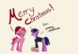 Size: 2000x1380 | Tagged: safe, artist:pascal571, imported from derpibooru, pinkie pie, twilight sparkle, earth pony, pony, unicorn, alternate hairstyle, christmas, clothes, costume, dialogue, duo, female, halloween, halloween costume, hat, holiday, mare, merry christmas, nightmare night costume, open mouth, open smile, out of season, pumpkin bucket, santa hat, simple background, smiling, talking to viewer, unicorn twilight, wednesday addams, yellow background