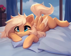 Size: 896x704 | Tagged: safe, imported from derpibooru, pegasus, pony, ai content, ai generated, bed, cloud, curtains, generator:purplesmart.ai, generator:stable diffusion, lying down, pillow, prone, sky, solo, window