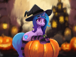 Size: 2732x2048 | Tagged: safe, artist:phutashi, imported from derpibooru, izzy moonbow, pony, unicorn, clothes, female, g5, halloween, hat, high res, holiday, jack-o-lantern, looking at you, mare, pumpkin, smiling, smiling at you, socks, solo, striped socks, witch hat