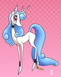 Size: 2235x2803 | Tagged: safe, artist:fishtaildraws, imported from derpibooru, oc, original species, pony, unicorn, choker, clothes, cute, eyelashes, female, light skin, long mane, long neck, long tail, maid, pretty, red eyes, solo, tail, thin