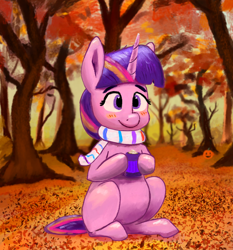 Size: 2048x2197 | Tagged: safe, artist:phutashi, imported from derpibooru, twilight sparkle, pony, unicorn, autumn, blushing, clothes, cute, drink, female, high res, hoof hold, hot drink, looking at you, mare, missing cutie mark, mug, outdoors, pumpkin, scarf, sitting, smiling, solo, three quarter view, tree, twiabetes, unicorn twilight