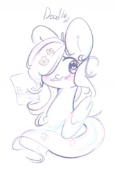 Size: 1217x1831 | Tagged: safe, artist:bubbletea, imported from derpibooru, oc, oc only, pegasus, pony, blushing, bust, cute, female, flower, flower in hair, hair over one eye, heart, heart eyes, mare, mouth hold, ocbetes, partial color, pencil, simple background, solo, white background, wingding eyes