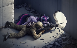 Size: 1339x837 | Tagged: safe, imported from derpibooru, twilight sparkle, alicorn, human, pony, ai content, ai generated, clothes, cute, digital art, duo, female, generator:bing image creator, generator:dall-e 3, gun, helmet, hole, human and pony, human male, lies, male, mane, mare, military, military uniform, missing cutie mark, no cutie marks because im lazy, raised hoof, rifle, scope, sniper, sniper rifle, soldier, tail, twilight sparkle (alicorn), uniform, weapon