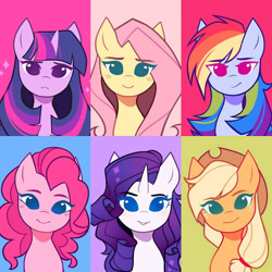 Size: 640x640 | Tagged: safe, artist:kirionek, imported from twibooru, applejack, fluttershy, pinkie pie, rainbow dash, rarity, twilight sparkle, earth pony, pegasus, pony, unicorn, blue background, blushing, bust, cute, dashabetes, diapinkes, female, icon, image, jackabetes, looking at you, low res image, mane six, mare, needs more jpeg, no watermark, pink background, purple background, raribetes, shyabetes, simple background, smiling, sparkles, tongue out, twiabetes, yellow background