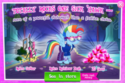 Size: 1961x1300 | Tagged: safe, imported from derpibooru, rainbow dash, pegasus, pony, advertisement, bracelet, bush, clothes, costs real money, cutie mark, cutie mark on clothes, english, female, gameloft, gem, glasses, guitar, jacket, jewelry, mare, mobile game, mohawk, musical instrument, my little pony: magic princess, numbers, official, pants, sale, shirt, solo, solo focus, spread wings, text, wings