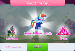 Size: 1267x857 | Tagged: safe, imported from derpibooru, rainbow dash, pegasus, pony, bracelet, bundle, bush, clothes, costs real money, cutie mark, cutie mark on clothes, english, female, gameloft, gem, glasses, guitar, jacket, jewelry, mare, mobile game, mohawk, musical instrument, my little pony: magic princess, numbers, official, pants, sale, shirt, solo, solo focus, spread wings, text, wings