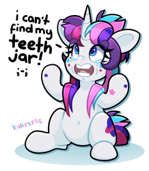 Size: 3351x3838 | Tagged: safe, artist:partypievt, imported from derpibooru, oc, oc only, oc:party pie, pony, unicorn, belly, belly button, crying, high res, implied grimdark, jar, looking up, ponytail, simple background, sitting, solo, speech bubble, teary eyes, text, vtuber, white background