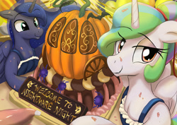 Size: 3508x2480 | Tagged: safe, artist:neoshrek, imported from derpibooru, princess celestia, princess luna, spider, apron, cake, clothes, food, frosting, pumpkin carriage, smiling