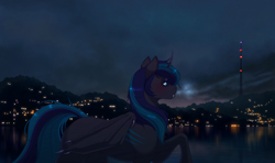 Size: 2530x1500 | Tagged: safe, artist:silverwolf866, imported from derpibooru, oc, oc only, alicorn, bat pony, bat pony alicorn, pony, bat pony oc, bat wings, city, cityscape, commission, female, horn, mare, night, solo, wings, ych result