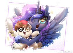 Size: 3120x2250 | Tagged: safe, artist:phoenixrk49, imported from derpibooru, pipsqueak, princess luna, alicorn, earth pony, pony, clothes, colt, costume, cute, duo, eyepatch, female, foal, frog (hoof), high res, holding a pony, hoofbutt, looking at you, male, mare, nightmare night costume, one eye closed, open mouth, open smile, pirate costume, signature, smiling, smiling at you, toy sword, underhoof