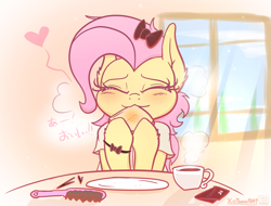 Size: 2960x2250 | Tagged: safe, artist:phoenixrk49, imported from derpibooru, fluttershy, pegasus, pony, blushing, bow, bread, brush, cup, cute, eating, eyes closed, female, floating heart, food, hair bow, hairbrush, heart, high res, hiragana, hoof hold, mare, shyabetes, smiling, solo, teacup, toast