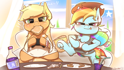 Size: 4000x2250 | Tagged: safe, artist:phoenixrk49, imported from derpibooru, applejack, rainbow dash, earth pony, pegasus, pony, accessory swap, applejack's hat, bandaid, bandaid on nose, blushing, bottle, bread, chips, controller, cowboy hat, cute, dashabetes, dexterous hooves, drink, drinking straw, duo, female, food, glass, grape soda (drink), hat, high res, hoof hold, jackabetes, licking, licking lips, looking at you, mare, mouth hold, narrowed eyes, smiling, soda bottle, toast, tongue out