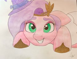 Size: 2164x1665 | Tagged: safe, artist:engi, imported from derpibooru, pipp petals, pegasus, pony, adorapipp, crown, cute, female, g5, hat, jewelry, mare, regalia, simple background, smiling, solo, traditional art, watercolor painting