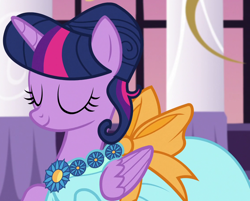 Size: 1142x918 | Tagged: safe, imported from derpibooru, screencap, twilight sparkle, alicorn, pony, make new friends but keep discord, season 5, alternate hairstyle, beautiful, clothes, cropped, dress, elegant, eyes closed, female, folded wings, g4, gala, gala dress, grand galloping gala, hair bun, jewelry, mare, necklace, smiling, solo, twilight sparkle (alicorn), wings