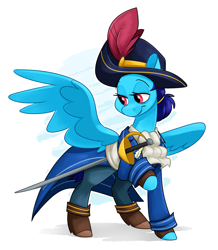 Size: 2445x2808 | Tagged: source needed, safe, artist:luximus17, imported from derpibooru, oc, oc only, oc:blue angel, pegasus, clothes, coat, fantasy class, female, hat, mare, milf, rapier, shoes, solo, sword, weapon, wings