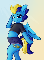 Size: 2193x2973 | Tagged: source needed, safe, artist:andelai, imported from derpibooru, oc, oc only, oc:blue angel, pegasus, semi-anthro, clothes, denim, denim shorts, female, looking at you, milf, pinup, short shirt, shorts, solo, wings