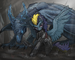 Size: 1500x1200 | Tagged: safe, artist:jekeita, imported from derpibooru, oc, oc only, oc:blue angel, dragon, pegasus, armor, power armor, wings
