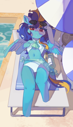 Size: 3006x5209 | Tagged: safe, artist:saxopi, imported from derpibooru, oc, oc only, oc:blue angel, pegasus, semi-anthro, clothes, female, mare, milf, solo, sunglasses, swimming pool, swimsuit, towel, umbrella, wings