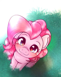 Size: 384x480 | Tagged: safe, artist:kurogewapony, imported from derpibooru, pinkie pie, earth pony, pony, cute, diapinkes, female, g4, grass, grass field, looking at you, looking up, sitting, smiling