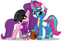 Size: 1200x801 | Tagged: safe, artist:the smiling pony, derpibooru exclusive, imported from derpibooru, coloratura, pipp petals, zipp storm, pegasus, pony, .svg available, candy, clothes, costume, countess coloratura, food, g4, g5, g5 to g4, generation leap, grin, looking at you, mlp fim's thirteenth anniversary, nightmare night, simple background, smiling, transparent background, uniform, vector, wonderbolts uniform