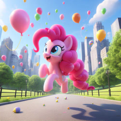 Size: 894x894 | Tagged: safe, imported from derpibooru, pinkie pie, earth pony, ai content, ai generated, balloon, building, central park, female, happy, jumping, new york city, open mouth, park, prompter:pinkiepiepics, that pony sure does love balloons, tree