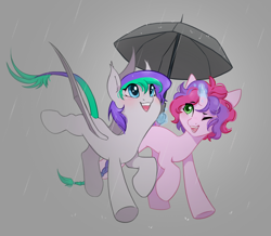 Size: 1240x1079 | Tagged: safe, artist:melodylibris, imported from derpibooru, oc, oc only, oc:lony, oc:melody (melodylibris), bat pony, pony, unicorn, bat pony oc, bat wings, cute, duo, gray background, horn, levitation, looking up, magic, ocbetes, one eye closed, open mouth, open smile, rain, running, simple background, smiling, telekinesis, umbrella, unicorn oc, wings